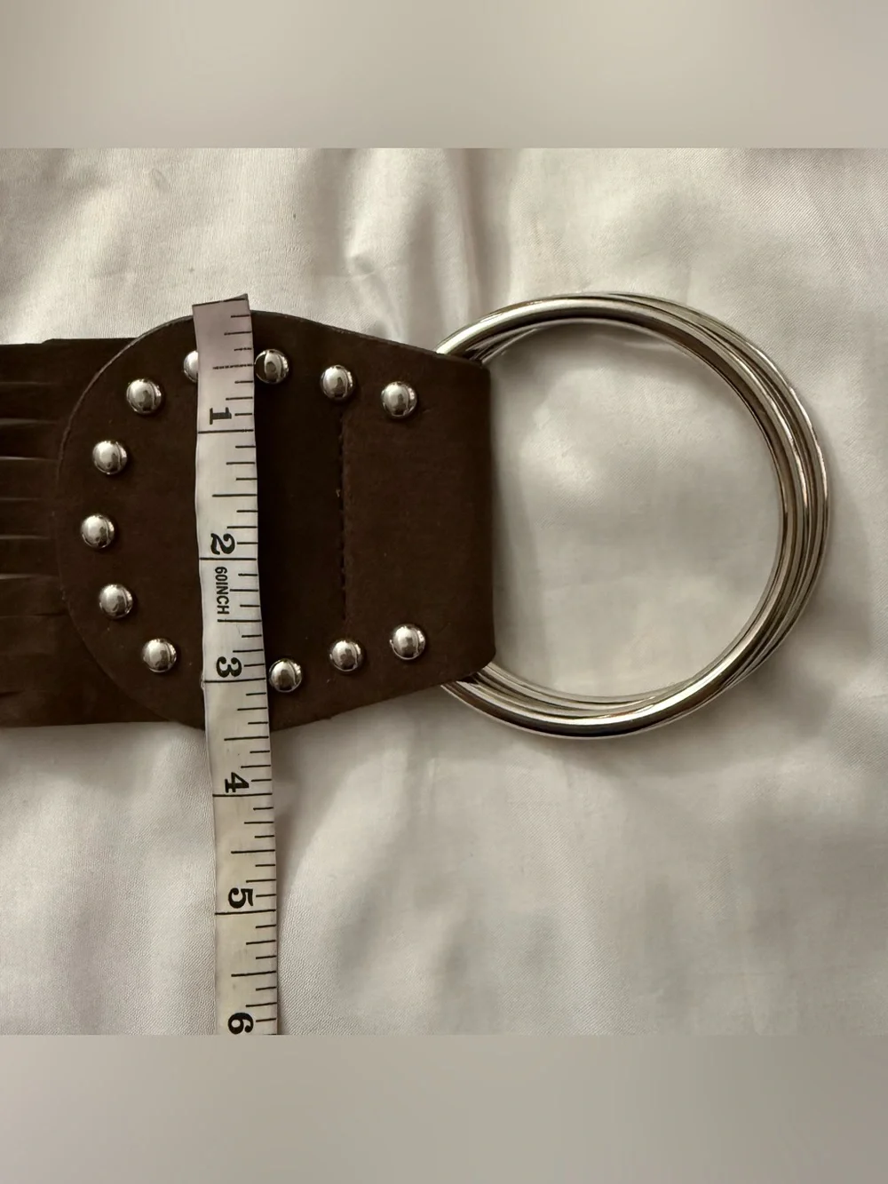 Brown PU suede leather wrap belt silver ring buckle with long fringe details